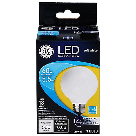 GE Light Bulb LED Soft White Decorative Globe Frosted Finish 60 Watts G25 - Each