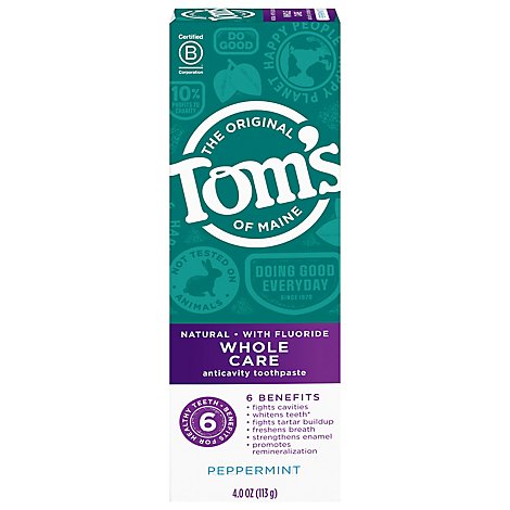 Toms of Maine Toothpaste Anticavity Fluoride Whole Care Peppermint - 4 Oz