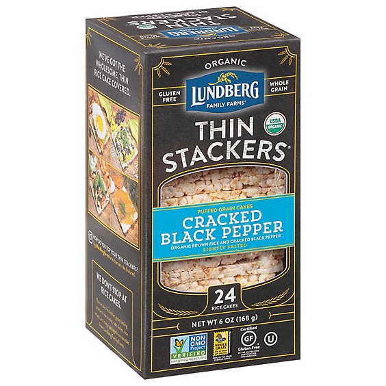 Lundberg Organic Thin Stackers Grain Cakes Puffed Cracked Black Pepper 24 Count - 6 Oz
