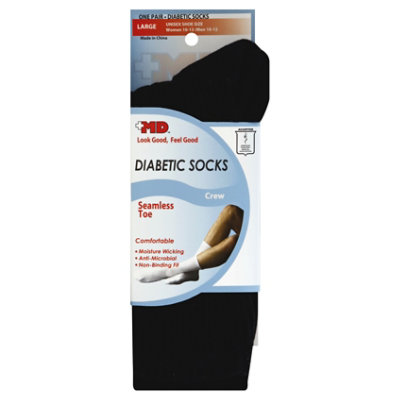 MD Socks Diabetic Seamless Toe Crew Unisex Large Black - Each - Image 1