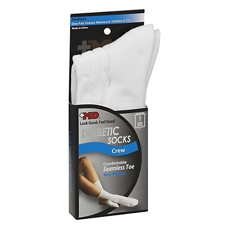 +MD Socks Diabetic Seamless Toe Crew Unisex Medium White - Each