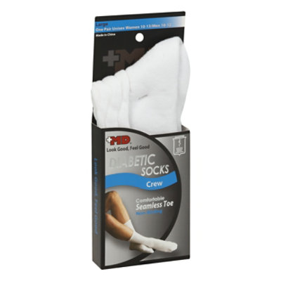 MD Socks Diabetic Seamless Toe Crew Unisex Large White - Each - Image 1