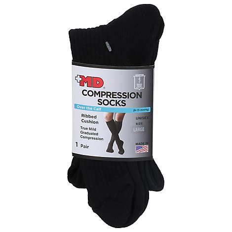 +MD Socks Compression Over the Calf Ribbed Cushion Unisex Large Black - Each