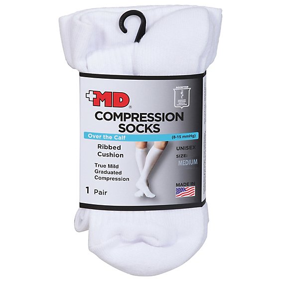 +MD Socks Compression Over the Calf Ribbed Cushion Unisex Medium White - Each