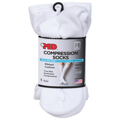 +MD Socks Compression Over the Calf Ribbed Cushion Unisex Large White - Each