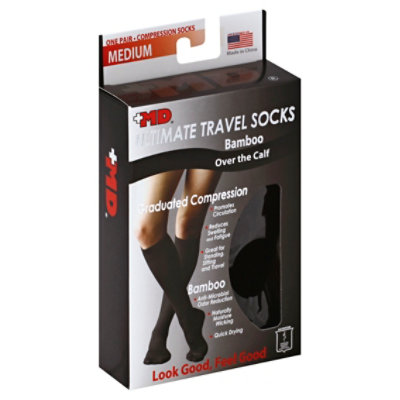 MD Socks Ultimate Travel Bamboo Graduated Compression Over the Calf Medium Black - Each - Image 1