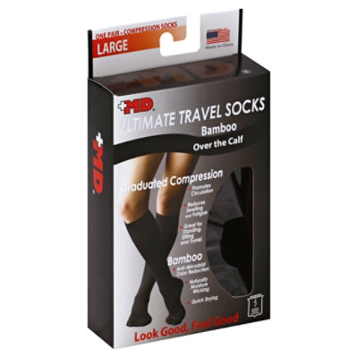MD Socks Ultimate Travel Bamboo Graduated Compression Over the Calf Large Black - Each