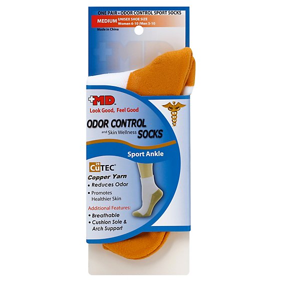 MD Socks Unisex Odor Control & Skin Wellness Sport Ankle Medium White Copper - Each