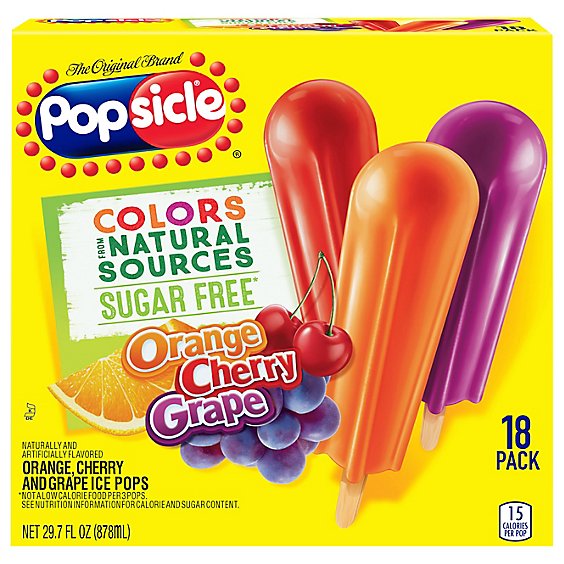 Popsicle Ice Pops Sugar Free Orange Cherry Grape - 18 Count