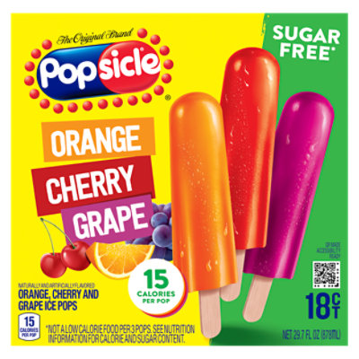 Popsicle Ice Pops Sugar Free Orange Cherry Grape - 18 Count