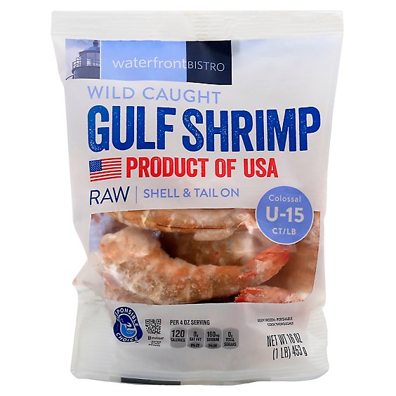 waterfront BISTRO Shrimp Gulf Raw Wild Caught Shell & Tail On Colossal Under 15 Count- 16 Oz