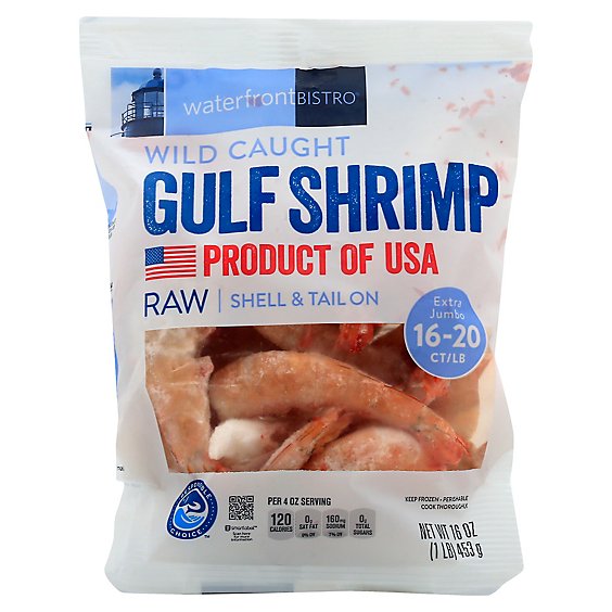 waterfront BISTRO Shrimp Gulf Wild Caught Shell & Tail On Extra Jumbo 16 To 20 Count - 16 Oz