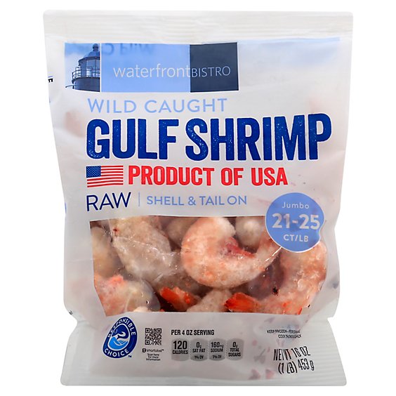 waterfront BISTRO Shrimp Gulf Raw Wild Caught Shell & Tail On Jumbo 21 To 25 Count - 16 Oz