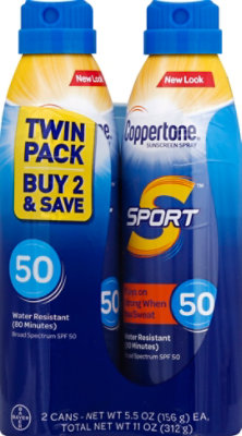 Coppertone Sport Sunscreen Spray Broad Spectrum SPF 50 Twin Pack - 2-5.5 Fl. Oz.