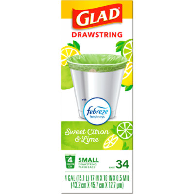 Glad Febreze Sweet Citron And Lime Small Kitchen Drawstring Trash Bags 4 Gallon 34 Count