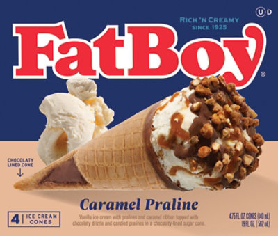 FatBoy Ice Cream Cones Premium Caramel Praline 4 Count - 4.75 Fl. Oz.