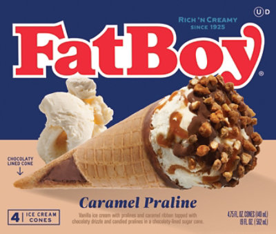 FatBoy Ice Cream Cones Premium Caramel Praline 4 Count 4.75 Fl. Oz