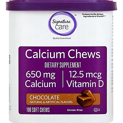 Signature Care Calcium Chews 650mg With Vitamin D Chocolate Dietary Supplement Tablet- 100 Count - Image 2