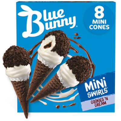 Blue Bunny Mini Swirls Cookies And Cream Cones Frozen Dessert For Summer Pack - 8 Count