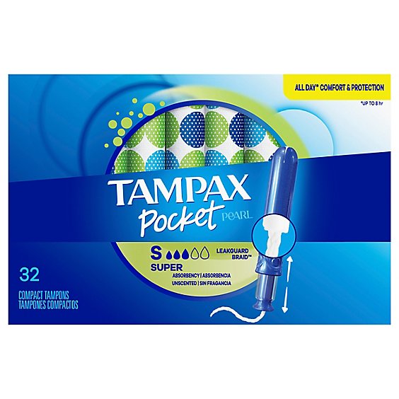 Tampax Pocket Pearl Compact Super Absorbency Unscented Tampons - 32 Count