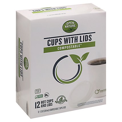 Open Nature Cups Hot W/Lids Compostable - 12 Count - Image 1