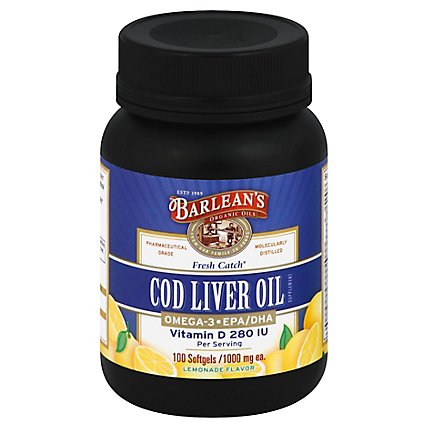 Barleans Fresh Catch Cod Liver Oil Softgels - 100 Count - Image 1