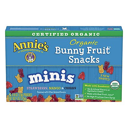 Annies Homegrown Organic Bunny Fruit Snacks Minis Strawberry Mango & Cherry - 5-0.8 Oz - Image 1