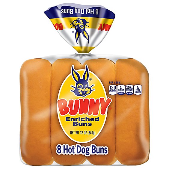 Bunny Bread Hot Dog Buns Enriched Sliced White Bread Hot Dog Buns 8 Count - 12 Oz