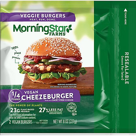 MorningStar Farms Veggie Burgers Plant Based Protein Vegan Meat Cheezeburger 2 Count - 8 Oz 