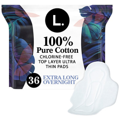 L. Chlorine Free Ultra Thin Pads with Wings Extra Long Overnight Absorbency - 36 Count - Image 1