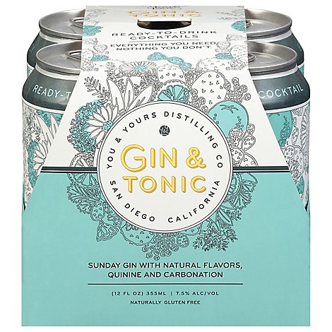 You & Yours Distilling Co Gin & Tonic - 4-12 Fl. Oz.