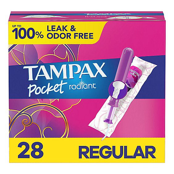 Tampax Pocket Radiant Compact Regular Absorbency Unscented Plastic Tampons - 28 Count
