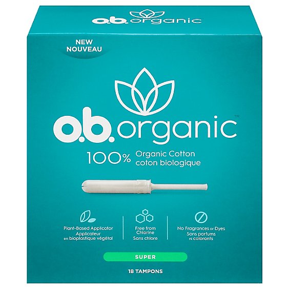 o.b. Organic Tampons Plant Based Applicator Super Absorbency - 18 Count