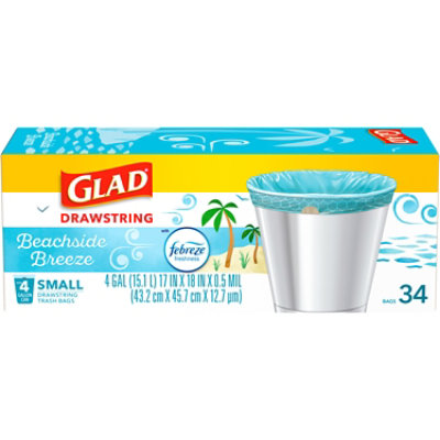Glad Febreze Beachside Breeze Odorshield Small Drawstring Trash Bags 4 Gallon - 34 Count - Image 1