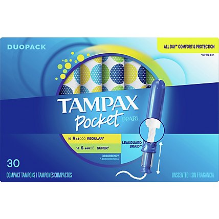 Tampax Pocket Pearl Regular/Super Absorbency Unscented Compact Tampons Duo Pack - 30 Count - Image 2