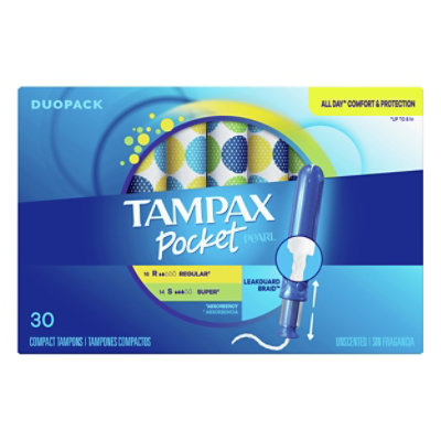 Tampax Pocket Pearl Regular/Super Absorbency Unscented Compact Tampons Duo Pack - 30 Count