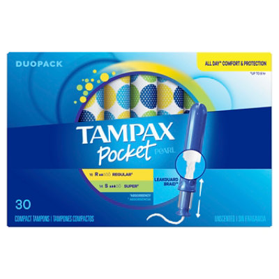 Tampax Pocket Pearl Regular/Super Absorbency Unscented Compact Tampons Duo Pack - 30 Count