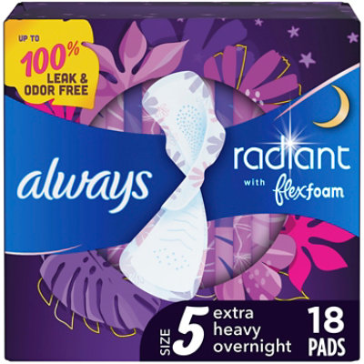 Always Radiant FlexFoam Pads Size 5 Extra Heavy Overnight Absorbency Wings Scented - 18 Count - Image 1