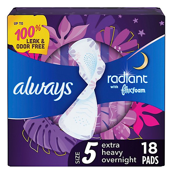 Always Radiant FlexFoam Pads Size 5 Extra Heavy Overnight Absorbency Wings Scented - 18 Count
