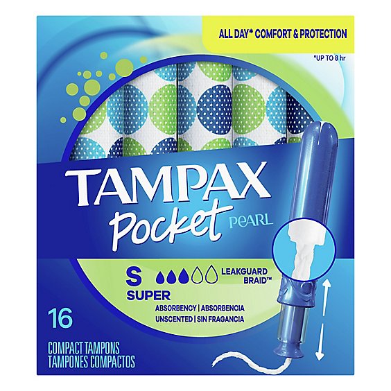 Tampax Pocket Pearl Compact Tampons Super Absorbency Unscented - 16 Count