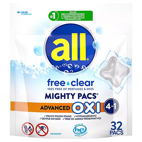 all Laundry Detergent Liquid With OXI Stain Removers Free Clear Mighty Pacs - 32 Count