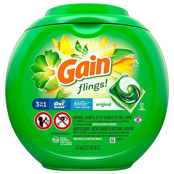 Gain Flings! Liquid Laundry Detergent Soap Pacs HE Compatible Original Scent - 51 Count