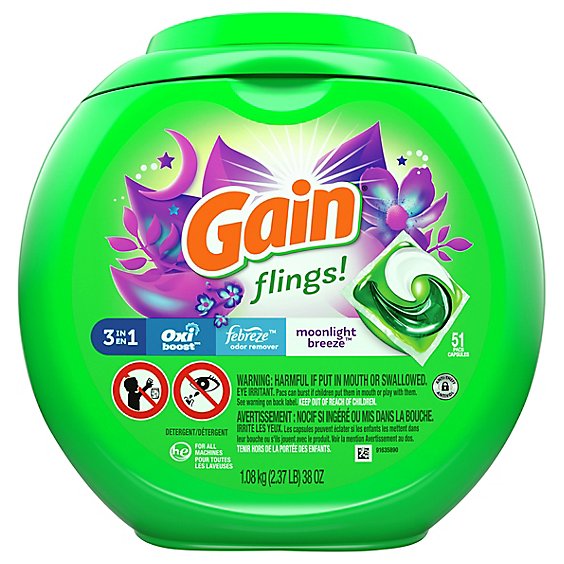 Gain Flings! Liquid Laundry Detergent Pacs HE Compatible Moonlight Breeze Scent - 51 Count