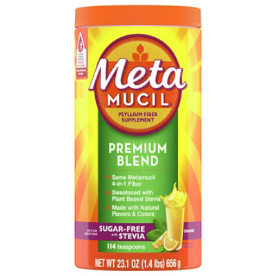 Metamucil Premium Blend Powder Sugar Free with Stevia Natural Orange Psyllium Fiber - 114 Count - Image 1