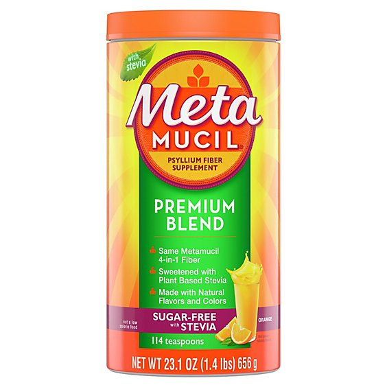 Metamucil Premium Blend Powder Sugar Free with Stevia Natural Orange Psyllium Fiber - 114 Count