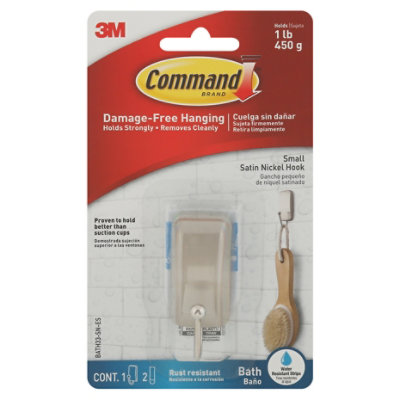 3M Command Hook 1 Bath Satin Nickel Hook With 2 Water Resistant Strips Small - Each