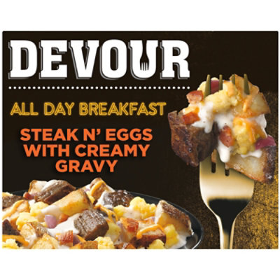 DEVOUR Steak N Eggs with Smoked Bacon Potatoes Cheddar Cheese & Gravy Frozen Meal Box - 9 Oz - Image 1