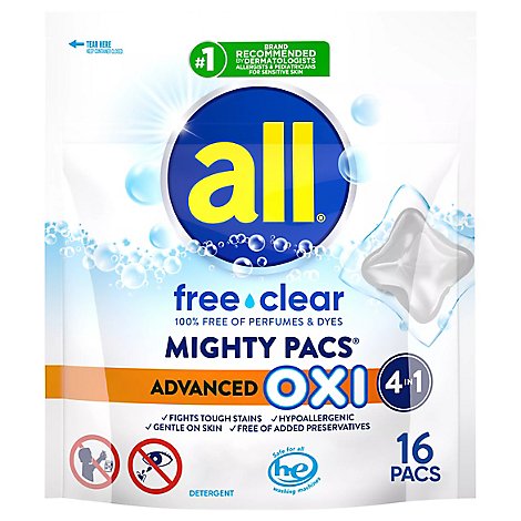 all Laundry Detergent Liquid With OXI Stain Removers Free Clear Mighty Pacs - 16 Count