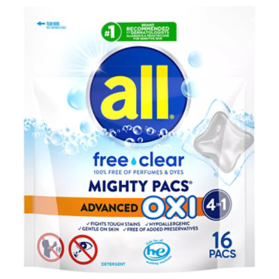 all Laundry Detergent Liquid With OXI Stain Removers Free Clear Mighty Pacs - 16 Count