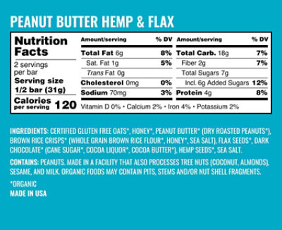 Kate's Real Food Peanut Butter Hemp & Flax Bar - 2.2 Oz - Image 2